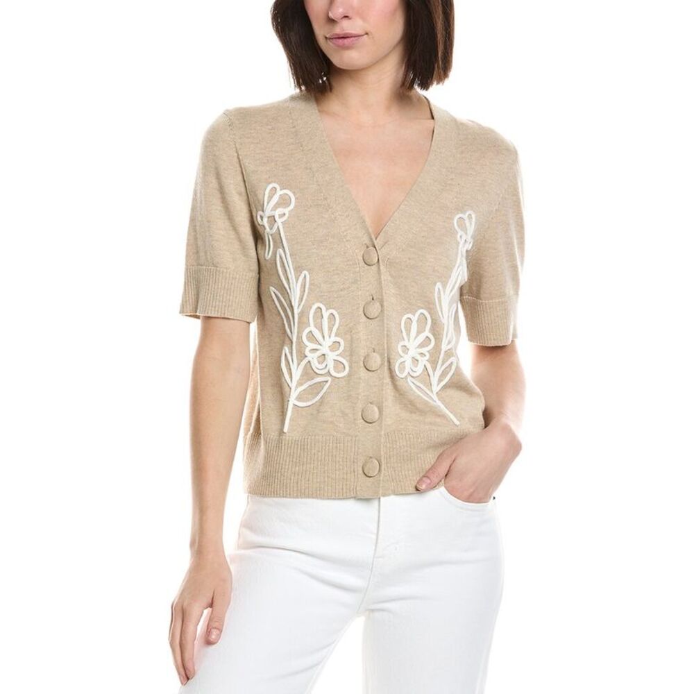 Cece Womens  Flower Embroidery V-Neck Wool-Blend Cardigan, White